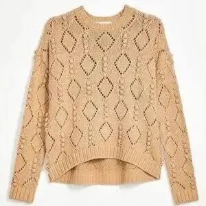 LOFT Bobble Drop Shoulder Pointelle Crewneck Sweater in Camel Size S